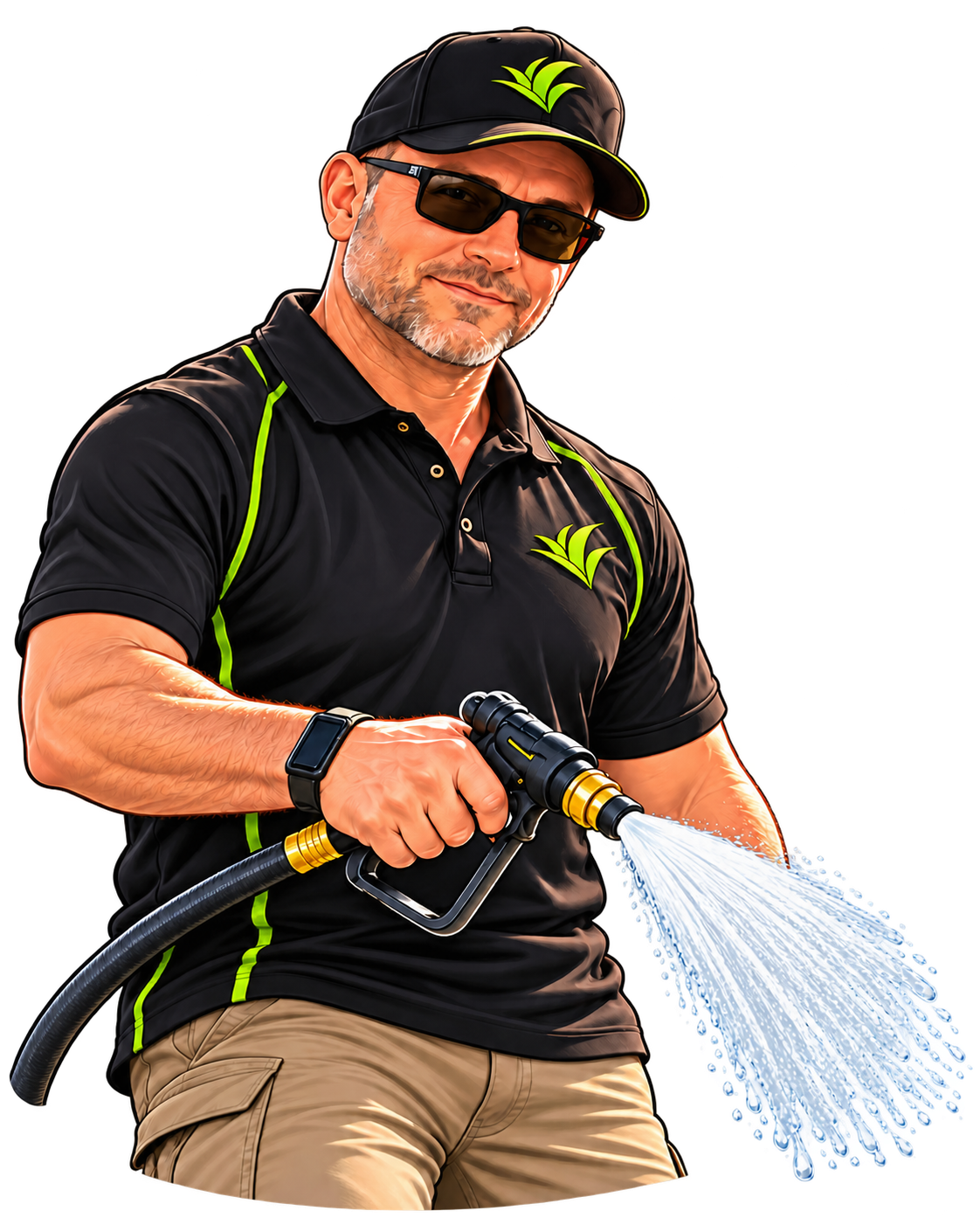 The ProGreen man in a branded cap and shirt, holding a watering hose